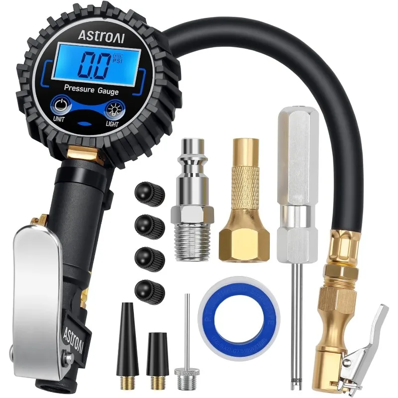 

AstroAI Digital Tire Pressure Gauge with Inflator(3-250 PSI 0.1 for Display Resolution), Heavy Duty Air Chuck and Compressor Acc