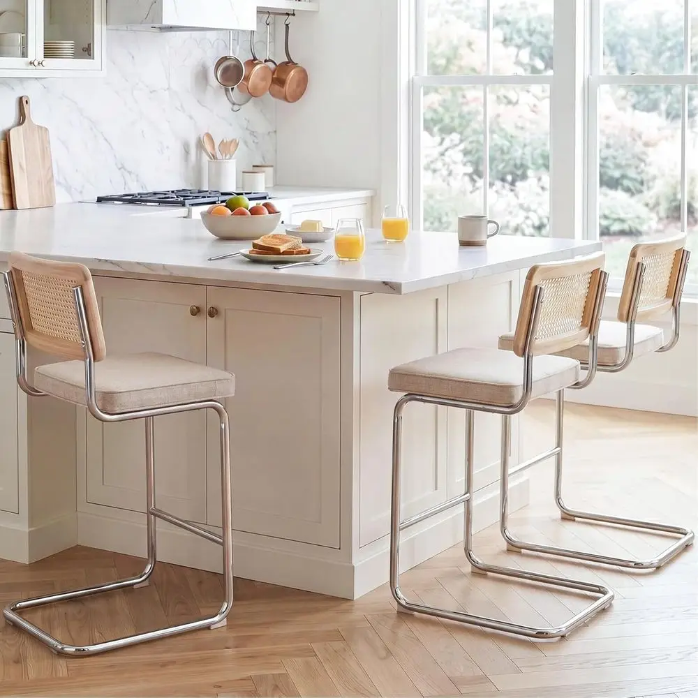 

Set of 3, 26 Linen Fabric Counter Height Barstools with Solid Wood Back and Natural Cane Mesh, Boho Style, Beige Grayish
