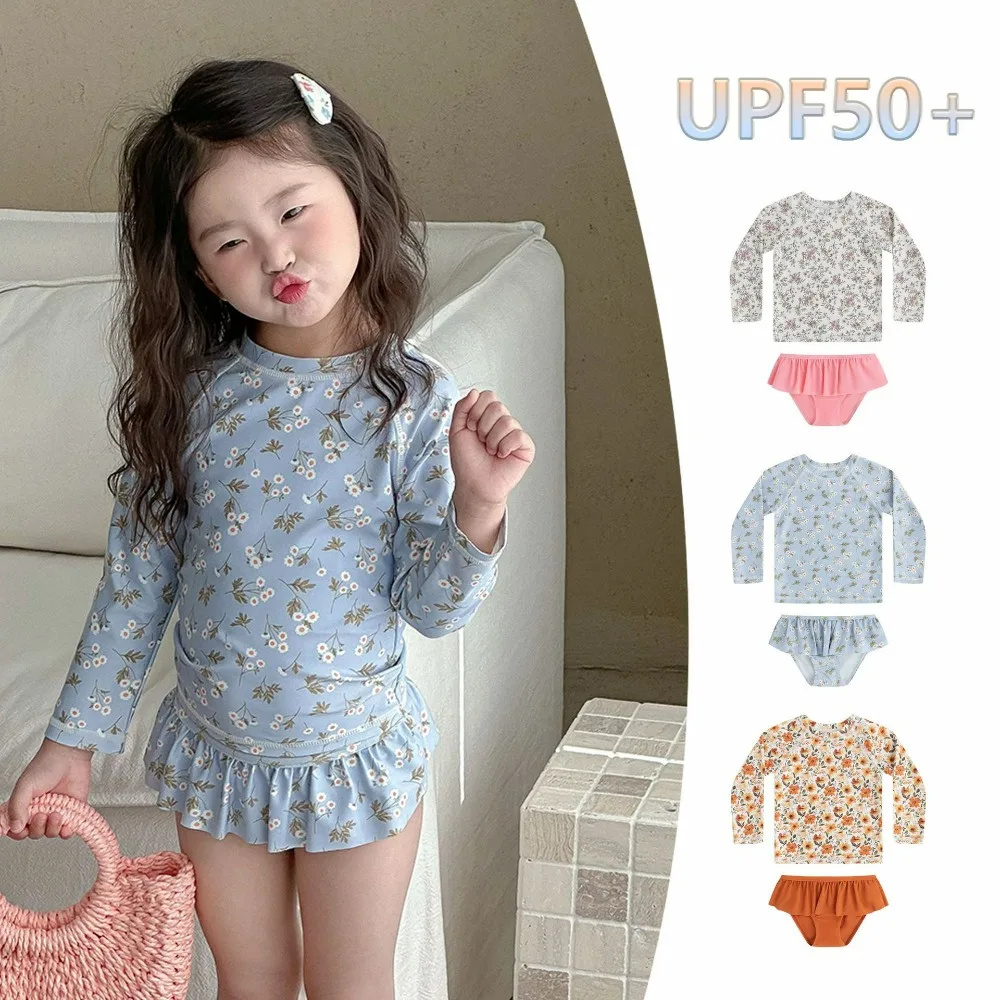 3 Piece Set Swimwear for Girls Sweet Style Durable Split Long Sleeve Bathing Suit Sun Protection Summer Beach Swimsuit