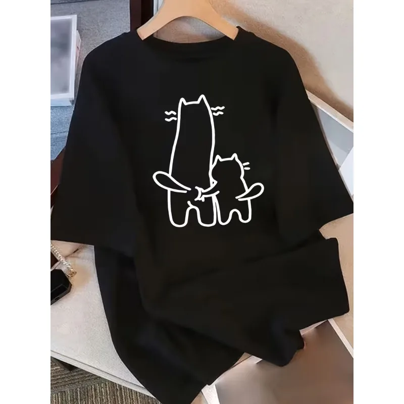 Funny Cartoon Cat Line Art Print Casual T-Shirt Cute Humorous Kitten Meme Graphic Short Sleeve Loose Fit Crew Neck Top for Women