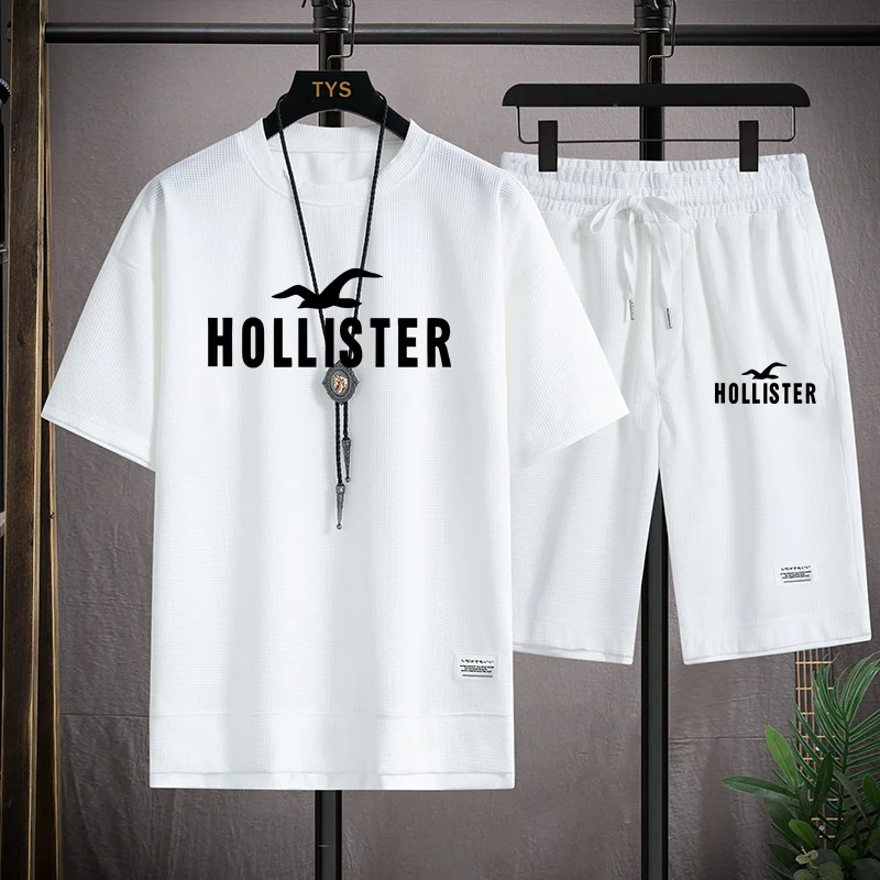 Новинка лета 2024, модный костюм из футболки с коротким рукавом Hollister, мужской повседневный свободный удобный высококачественный комплект из