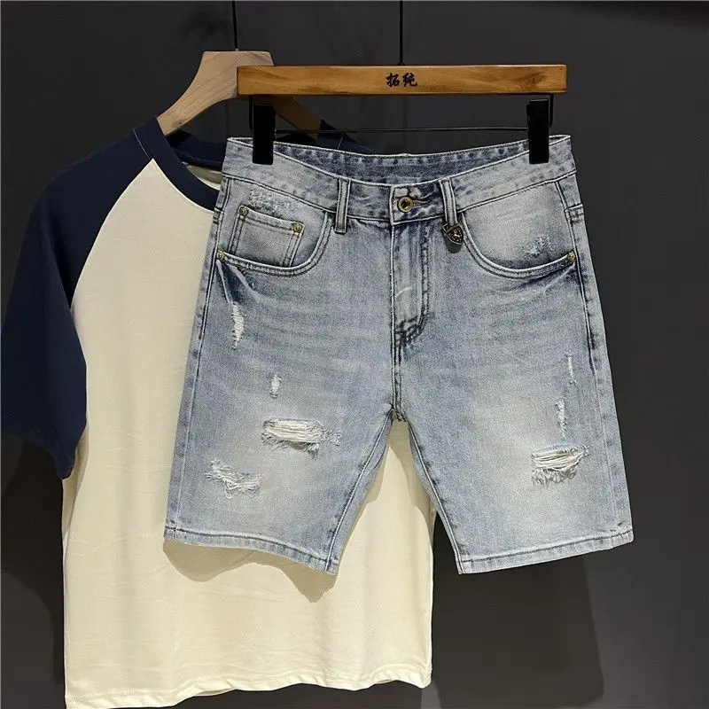 2025 Trendy Men High-end Light-color Denim Shorts Summer Slim-fit Ripped Trendy Middle Pants Breeches Young Short Jeans for Men