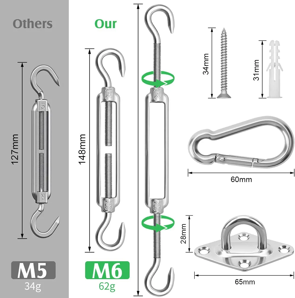 Sun Shade Sail Fixing Kit, M6 Heavy Duty Sun Sail Shade Hardware Kit, 304 Stainless Steel Awning Attachment Set for Garden Trian