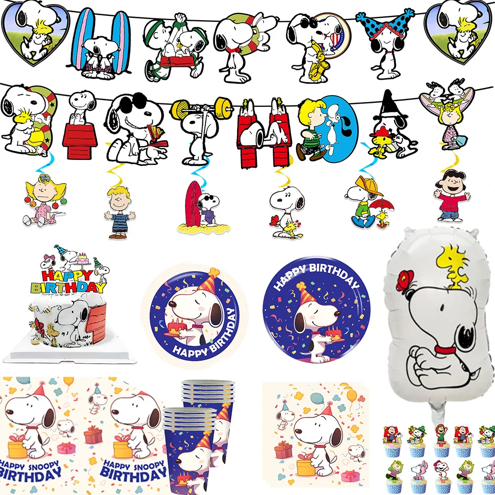 Image of Cartoon Snoopy Geburtstagsparty Dekorationen Figuren Snoopy-Teller Banner Kuchendekoration Partyzubehör Geburtstagsfeier-Artikel