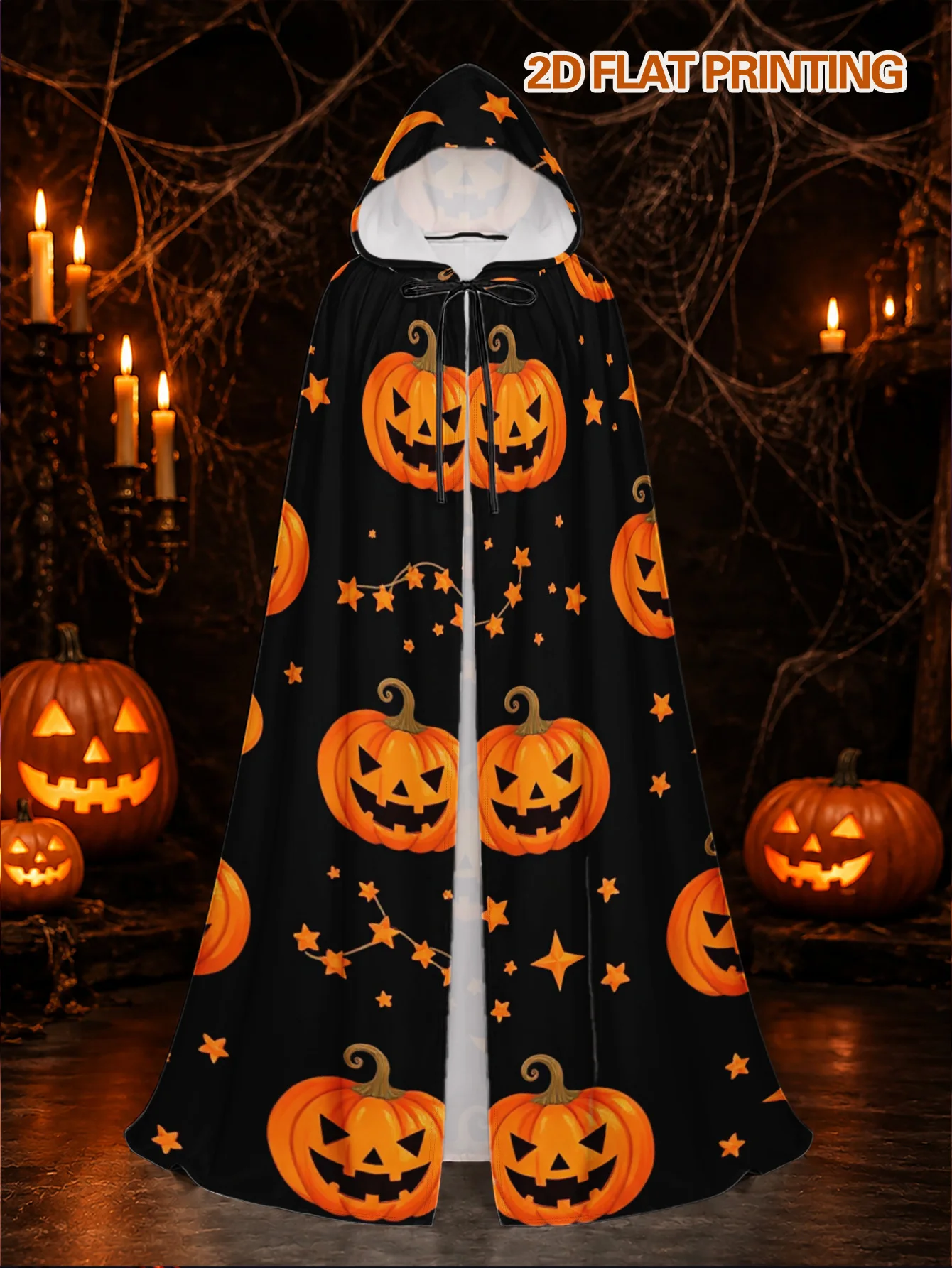 Halloween Pumpkin Print Hooded Cape Adult Long Polyester Robe for Seasonal Celebrations Roleplay