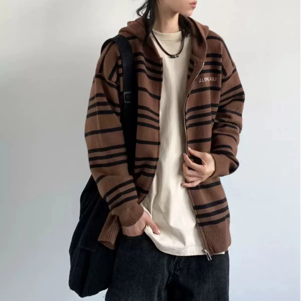 American Streetwear Couple Knit Cardigan High Quality Vintage Striped Sweater Men Women Korean Fashion Hoodie Preppy Style Coat