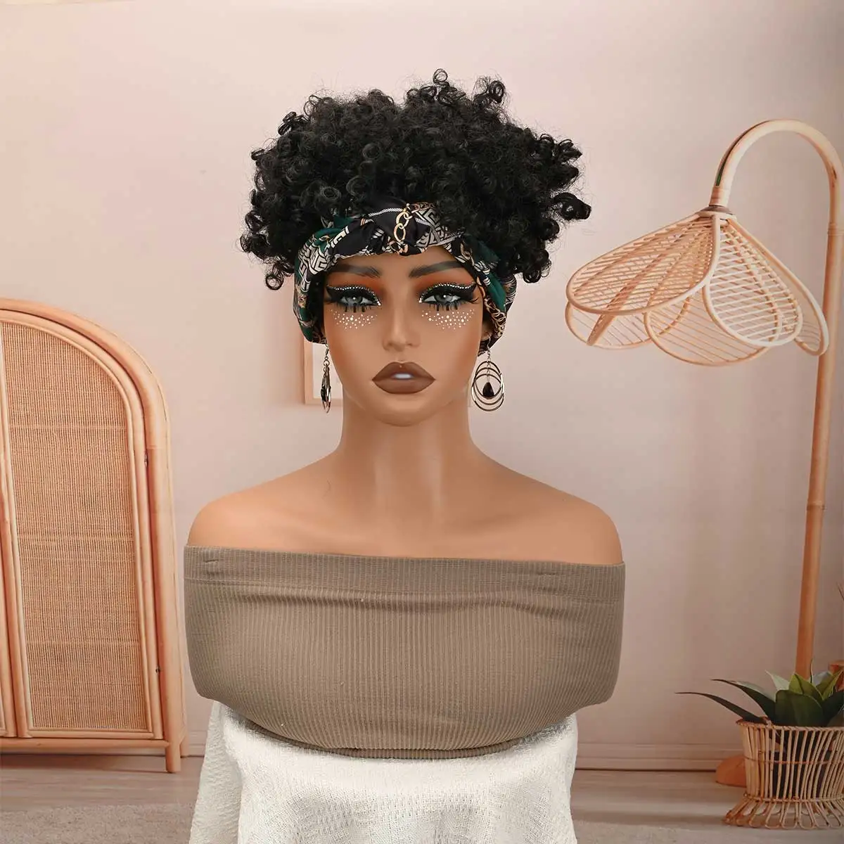Short Black Afro Curly Headband Wig with Chain Pattern Turban Band, Synthetic Glueless Puff Wig for African Women Quick style