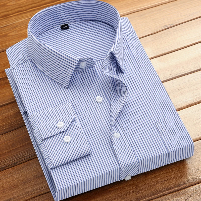 Men\'s formal shirt long-sleeved office solid color striped with pockets anti-wrinkle no-iron fashion business white shirt