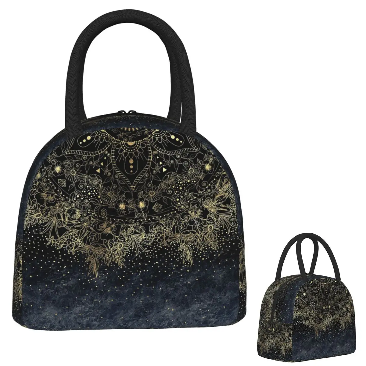 

Blue Gold Mandala Floral Lunch Bags Insulated Bento Box Portable Lunch Tote Resuable Picnic Bags Cooler Bag for Woman Student