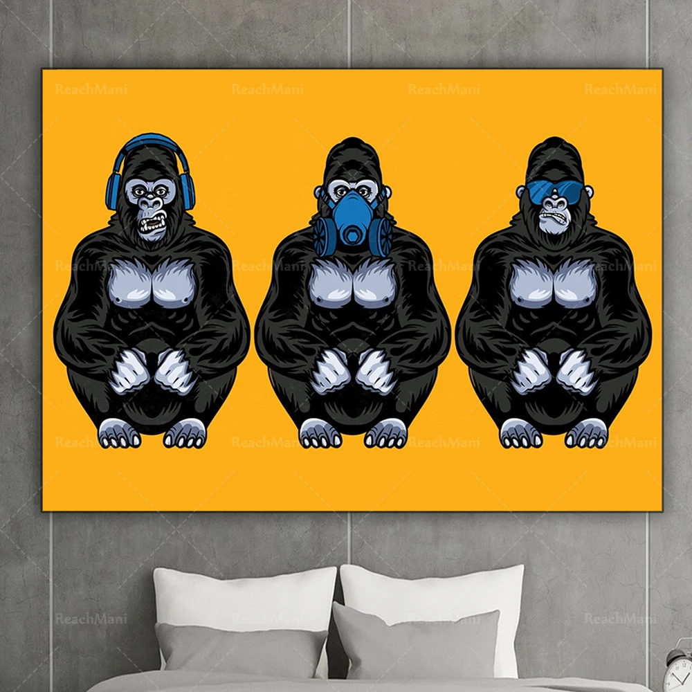 Three Monkeys Canvas Art, 3 Smart Monkeys Yellow Blue Pop Animal Modern Funny Print Home Decor Poster