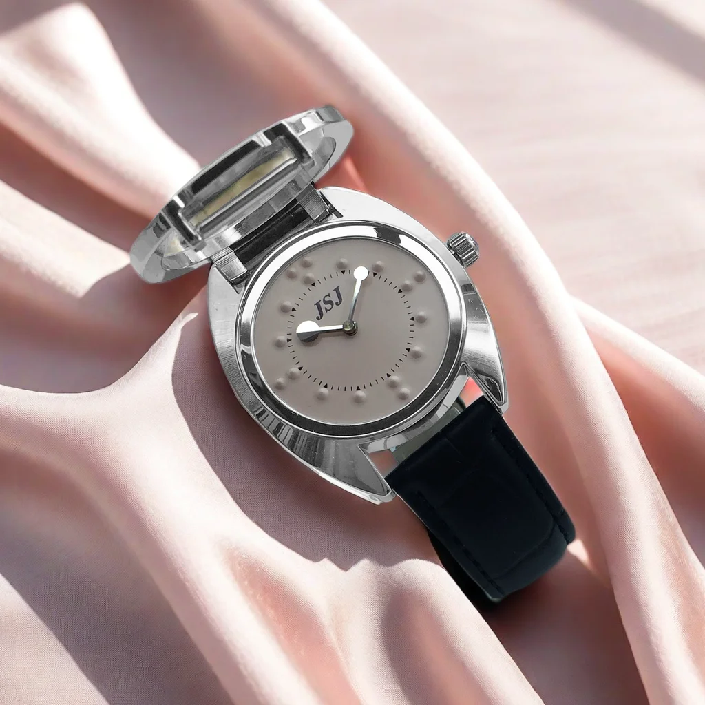 Taktile Uhr für Blinde Menschen mit Lederband, Rosa Zifferblatt