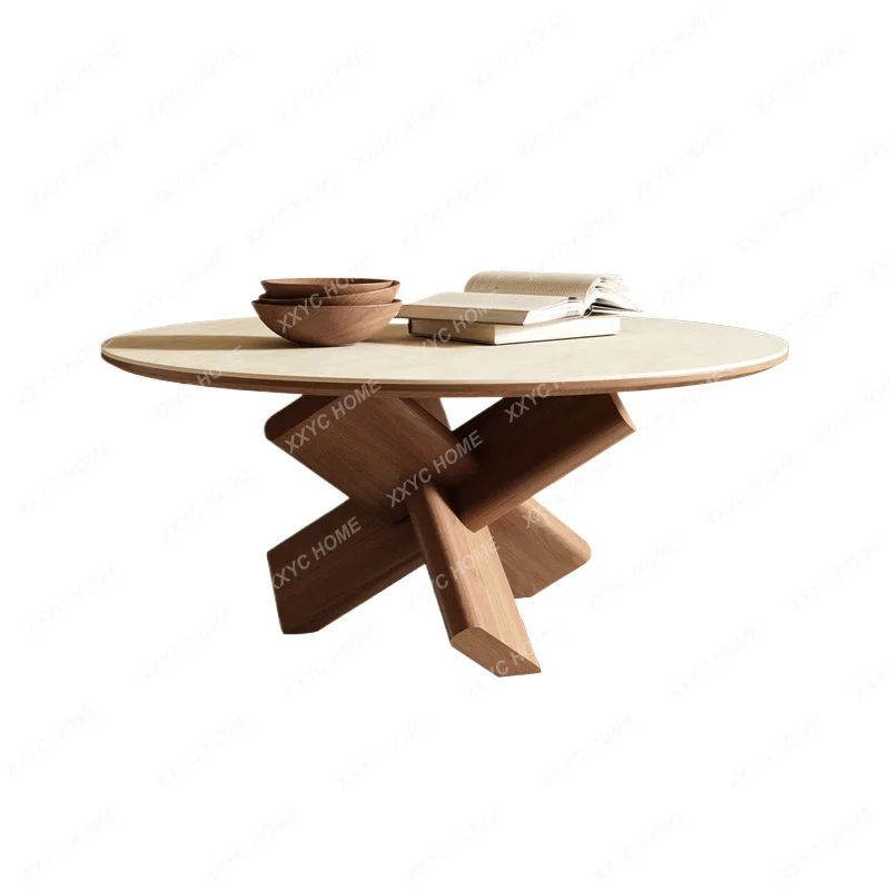 TT Retro travertine rock slab coffee table solid wood small apartment round middle ancient style Luban lock ash wood creative