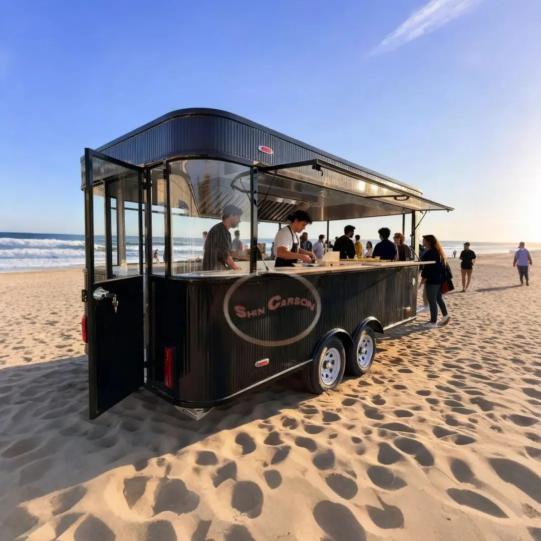 

Outdoor Food Trailer Black Large Transparent Glass Windows Deployable Sales Windows Mobile Kitchen Stand for Events