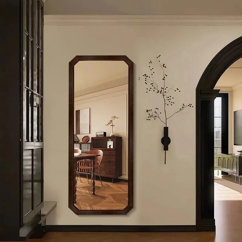 Medieval full-length mirror household wall-mounted solid wood full-length mirror clothing store large mirror octagonal retro flo