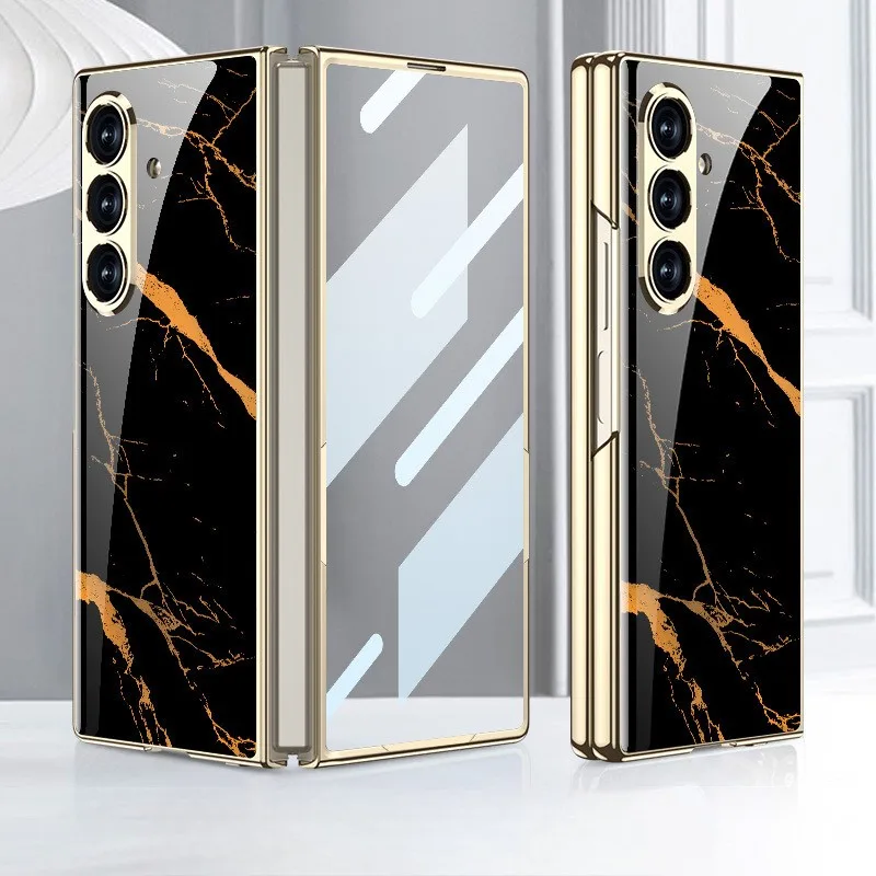 Für Samsung Galaxy Z Fold 7, plattierte Handyhülle aus lackiertem Glas, blau, stoßfeste Handyhülle, integrierter Displayschutz, Capa Funda