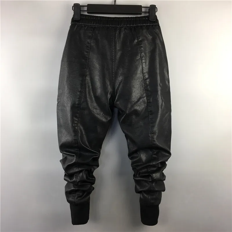 Men Casual Cargo Harem Pants High Street Hip Hop Length PU Faux Leather Sweatpants Autumn Winter Black Big Size