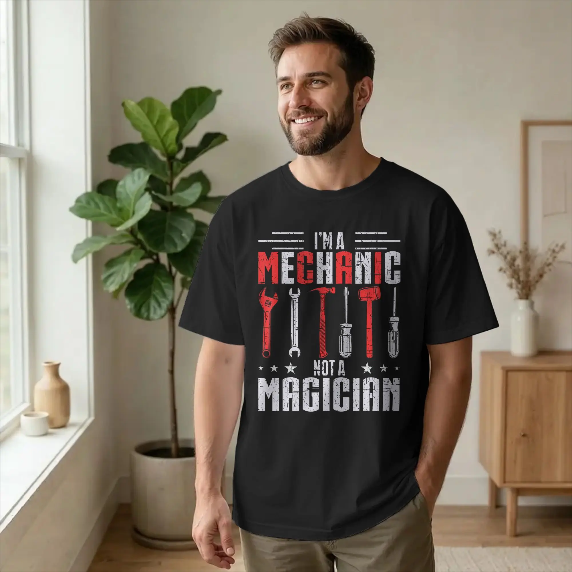 Men T-Shirt A Mechanic Not A Magician Humorous Cotton Tees Short Sleeve Humour Engineer T Shirt Round Collar merchandise Classic