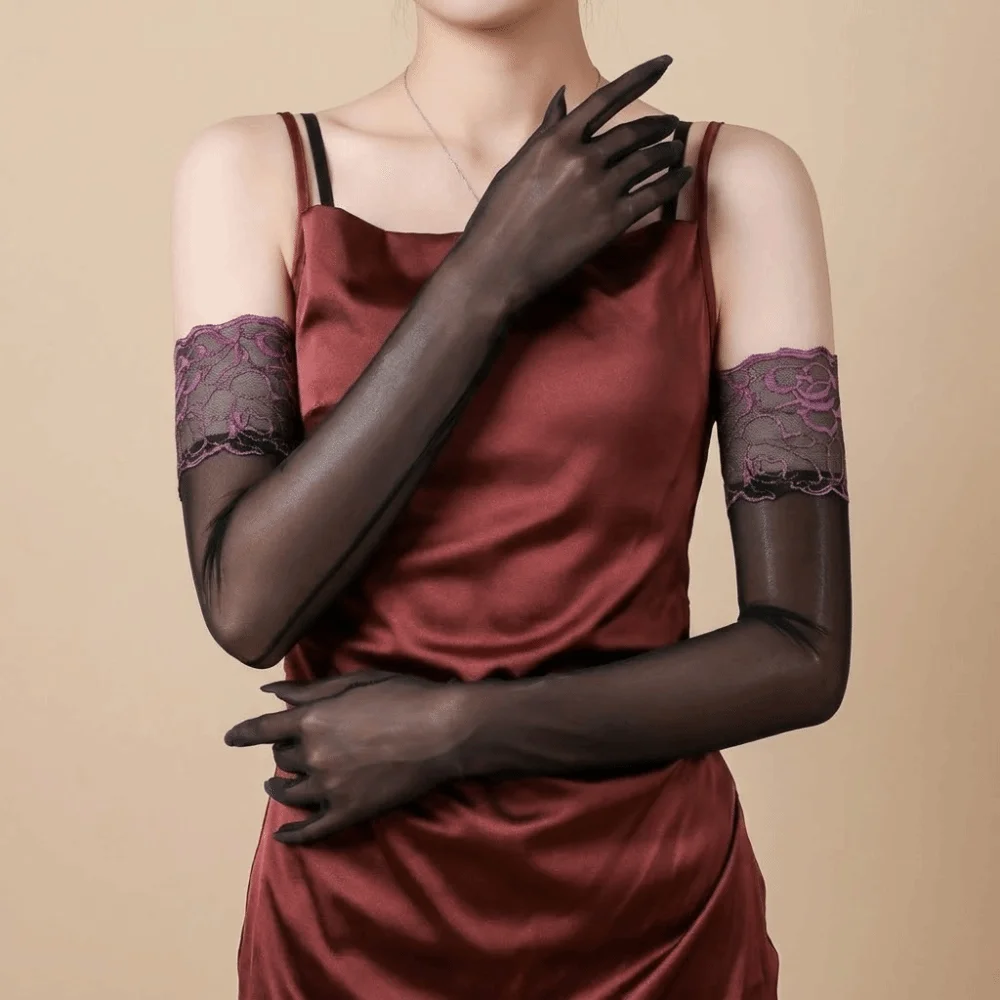 Breathable Lace Cuff Five Finger Gloves Smooth Stretchy Sheer Gloves Tight Sheer Material Long Gloves Nightclub