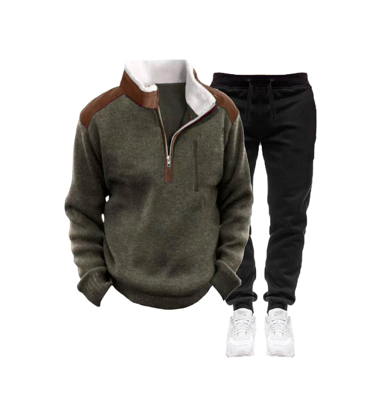 New men's fall/winter sports outfit with half-zip sweater, stand-up collar, 3D top, pure black pants