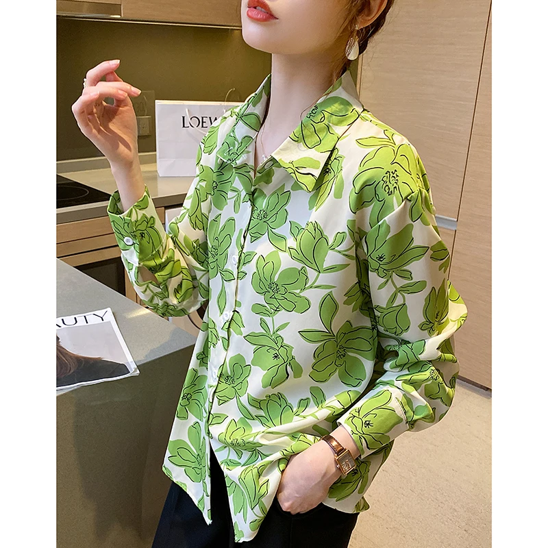 Women Spring Korean Loose Fashionable Printing Polo-Neck Long Sleeve Chiffon Shirts Women Clothes Casual All-match Trend Tops