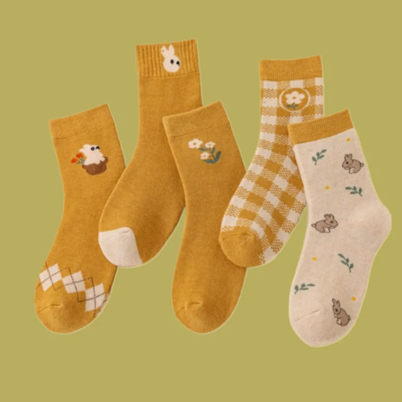 3/6 Pairs New Warm Sheep Wool Women's Socks Cute Card Color Yellow Rabbit Thick Cold-resistant Women's Mid-tube Breathable Socks