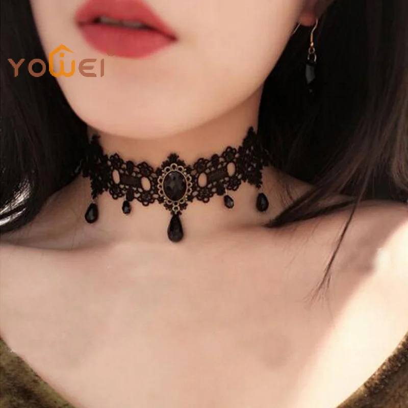 Latest Gothic Black Choker Necklace Womens Crystal Tassel Sexy Lace Choker Soft Collar Chain Necklace Halloween Jewelry