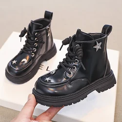 Luxury Design Children Boots Girls Shoes Black Leather Waterproof Kids Fashion Stars Ankle Boots for Girls 4 To 12 Years