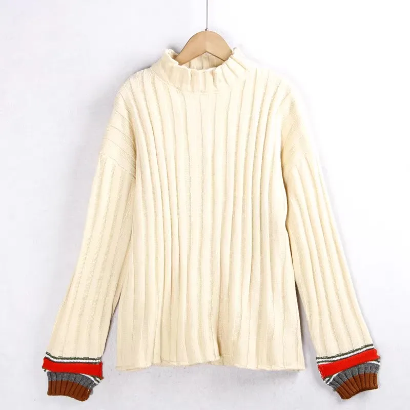 

Thiened f High Collar Vertical Stripes Color Blo Sweater Versatile Slimming Spring Autumn Large Size Knitted Top