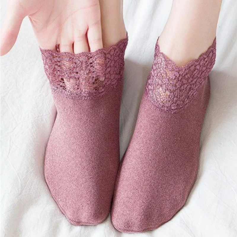 Autumn Winter Short Socks Women Boat Socks Ankle Socks Sleep Warmer Fashion Lace Edge Solid Color No-slip Warmer