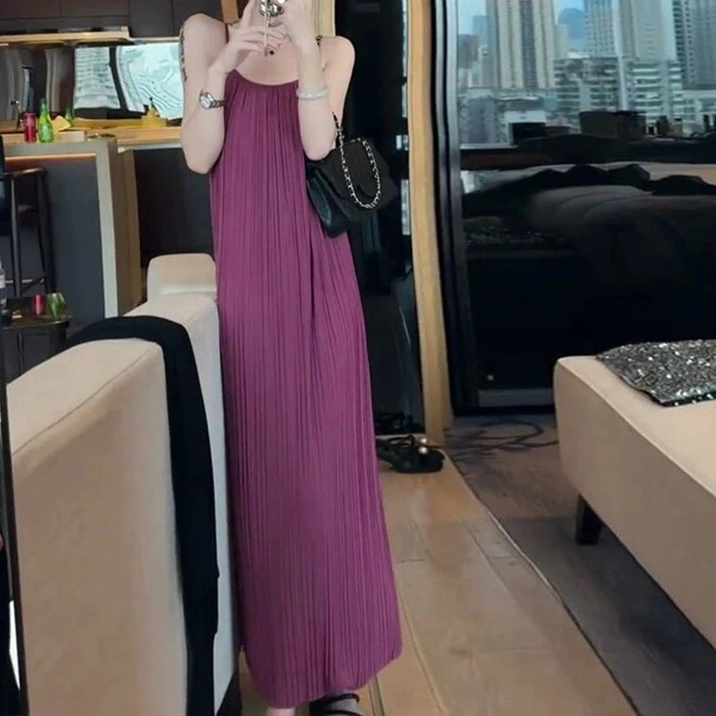 Women Summer Sleeveless Pleated O-neck Spaghetti Strap Loose Sexy Maxi Dress