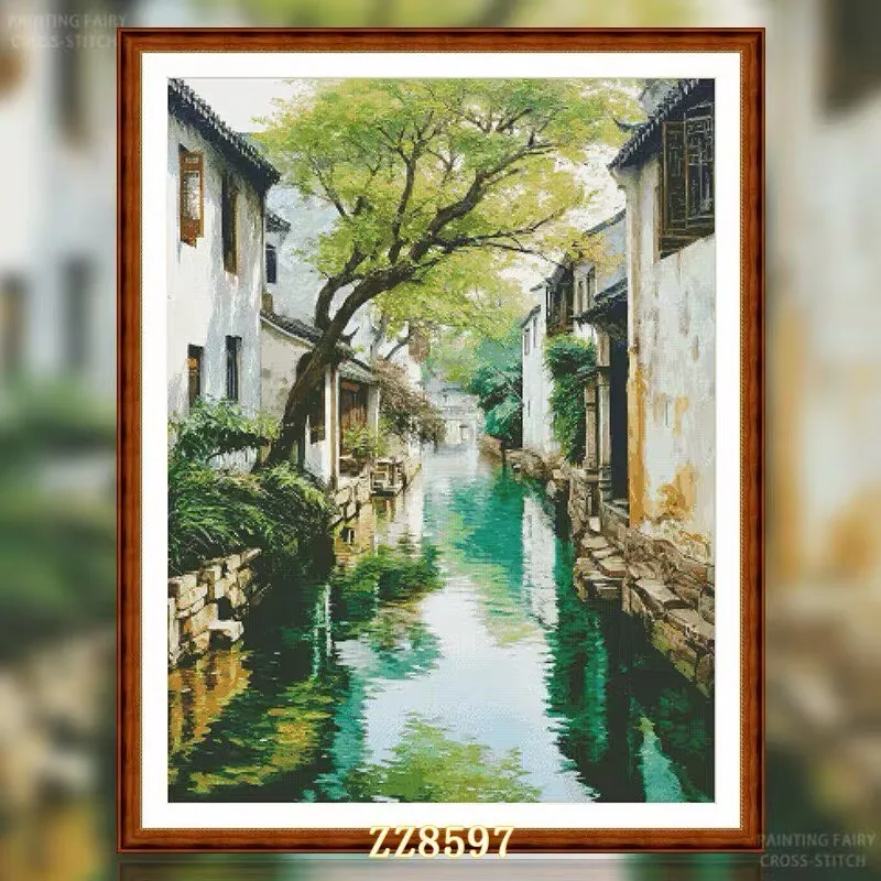 

ZZ8597- Water Charm Jiangnan 14CT 16CT 18CT Stamped Cross Stitch DIY Set Pattern Kit Needlework Embroidery 87 colors