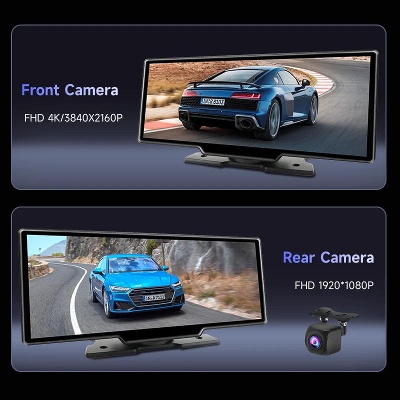 10.26'' Car DVR 4K Dash Cam Wireless Carplay Android Auto Dual Lens Video Recorder Automobile Monitor Rearview Camera Dashboard