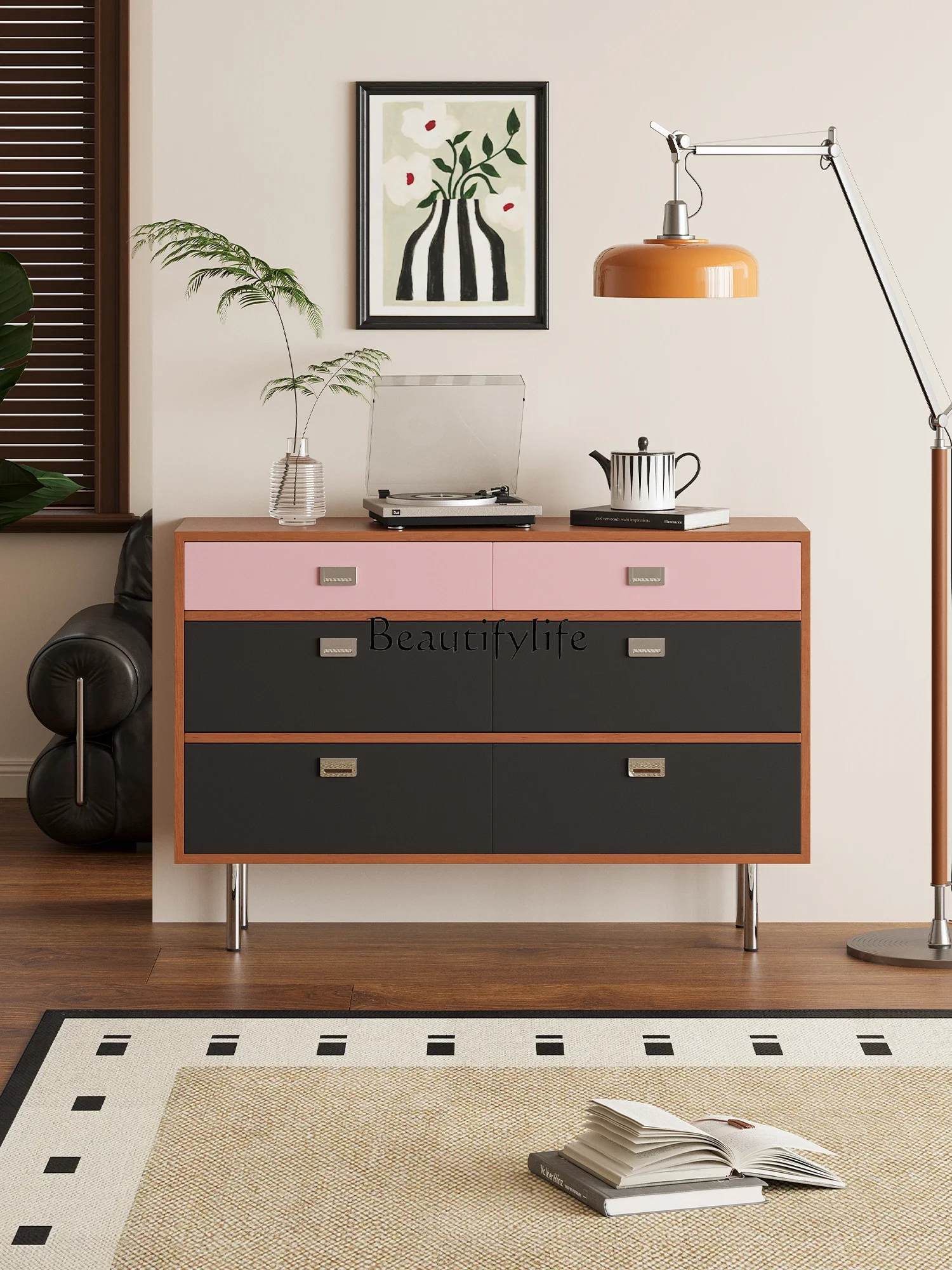 LXPremium Pink Black Contrasting Color Modern Side Cabinet Home Living Room Bedroom LockerSSS