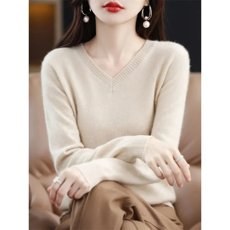 

Autumn And Winter Cashmere Sweater New Women's V-neck Pullover Lace Neck Hollow Out Design Casual Knitted Long Sleeve Women's