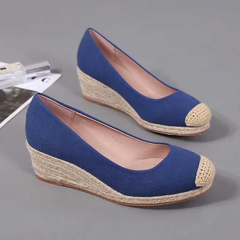 

5.5cm Small Size 33-42 Comfortable Shallow Platform Wedges Shoes Women Canvas Espadrille 2024 Spring Med Heels Pumps Office Mom