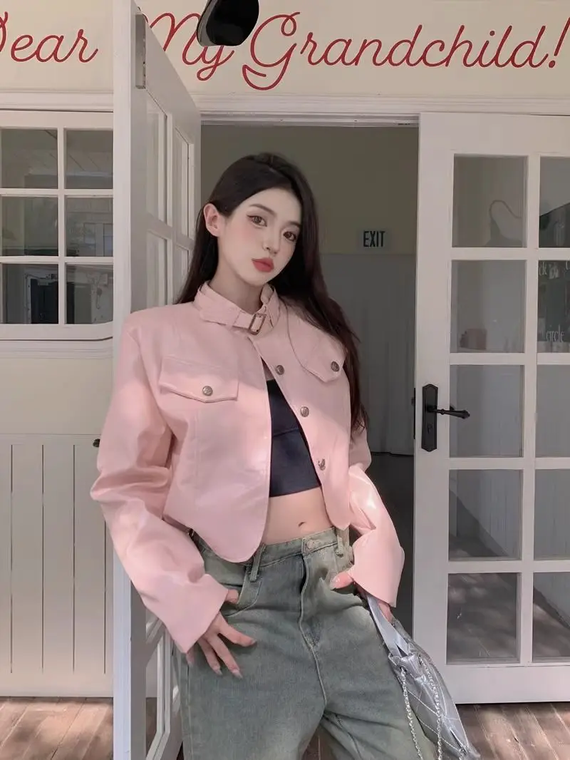 Leather Cropped Jacket Stand Collar Button Design Pink Spring Vintage Long Sleeves Women Coat Solid Windbreaker Korean Fashion