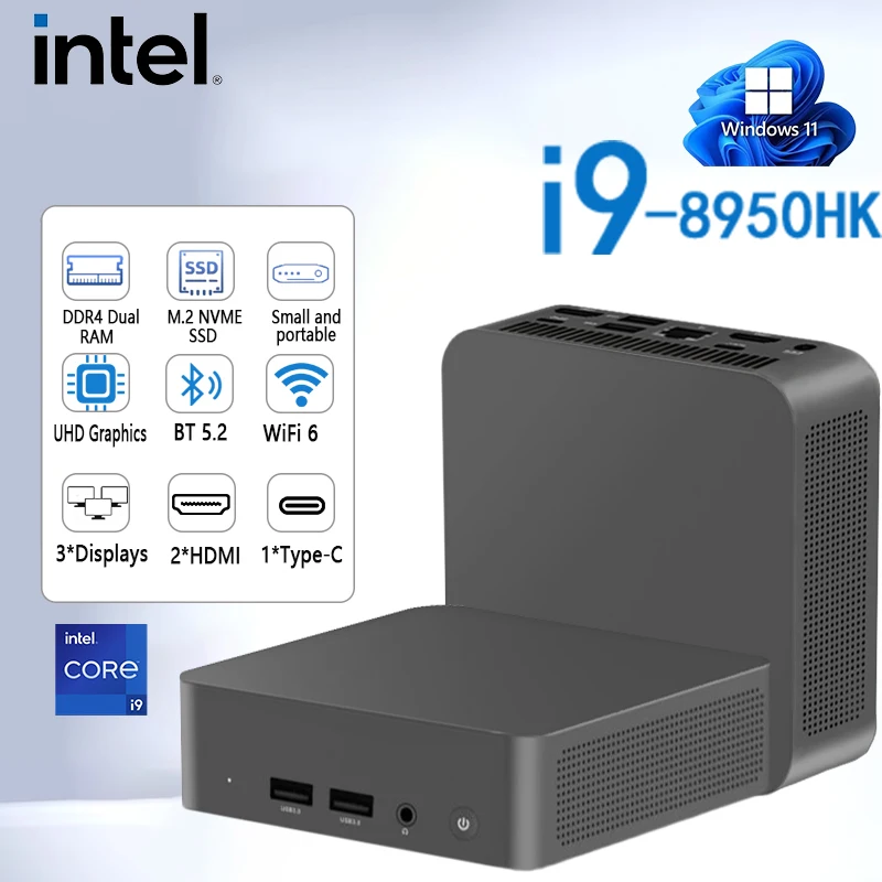 Mini PC Intel Core i9 8950HK/ Intel Core i3 6100U Windows 11 Pro Gráficos UHD 16GB LPDDR4 1/2TB M.2 SSD WiFi 6+BT5.2 PC de Escritorio