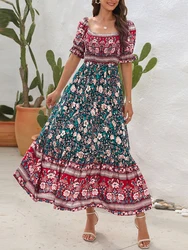 Boho Bloemenprint Lange Jurk Vrouwen Zomer Strand Zonnejurk Korte Mouwen Vierkante Hals Ruche Geplooide Jurk Bohemian Casual Jurken
