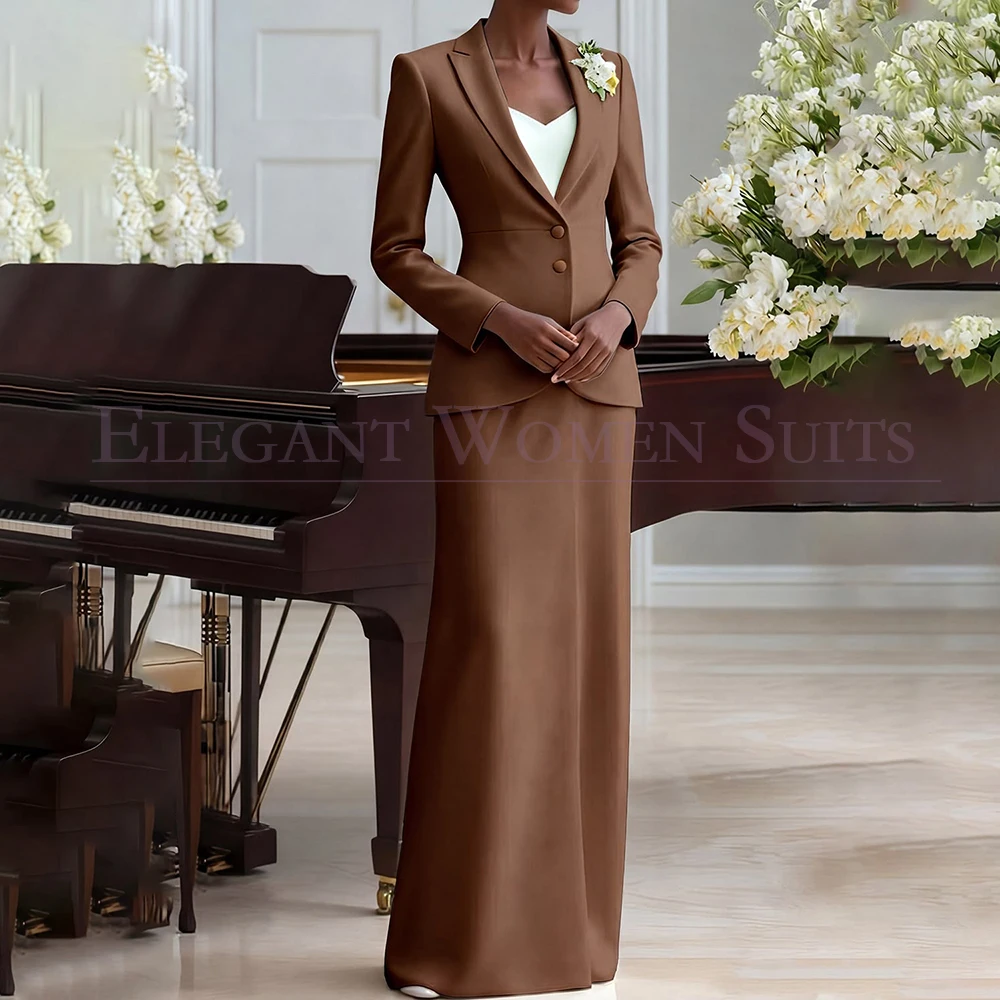 Fashion Brown Women's Suits Formal Single Breasted Peak Lapel Slim Fit 2 Piece Jacket With Dress Customized Office Outfits