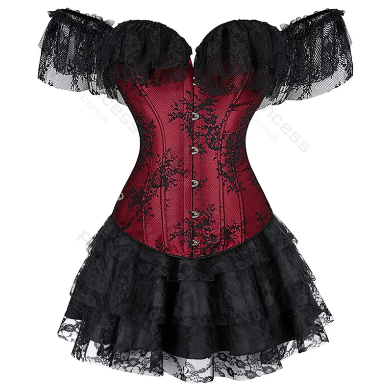 Vestido de corsé con tutú, conjunto de talla grande, Overbust con mangas de encaje, traje Sexy de fiesta, Burlesque, traje Vintage negro y rojo