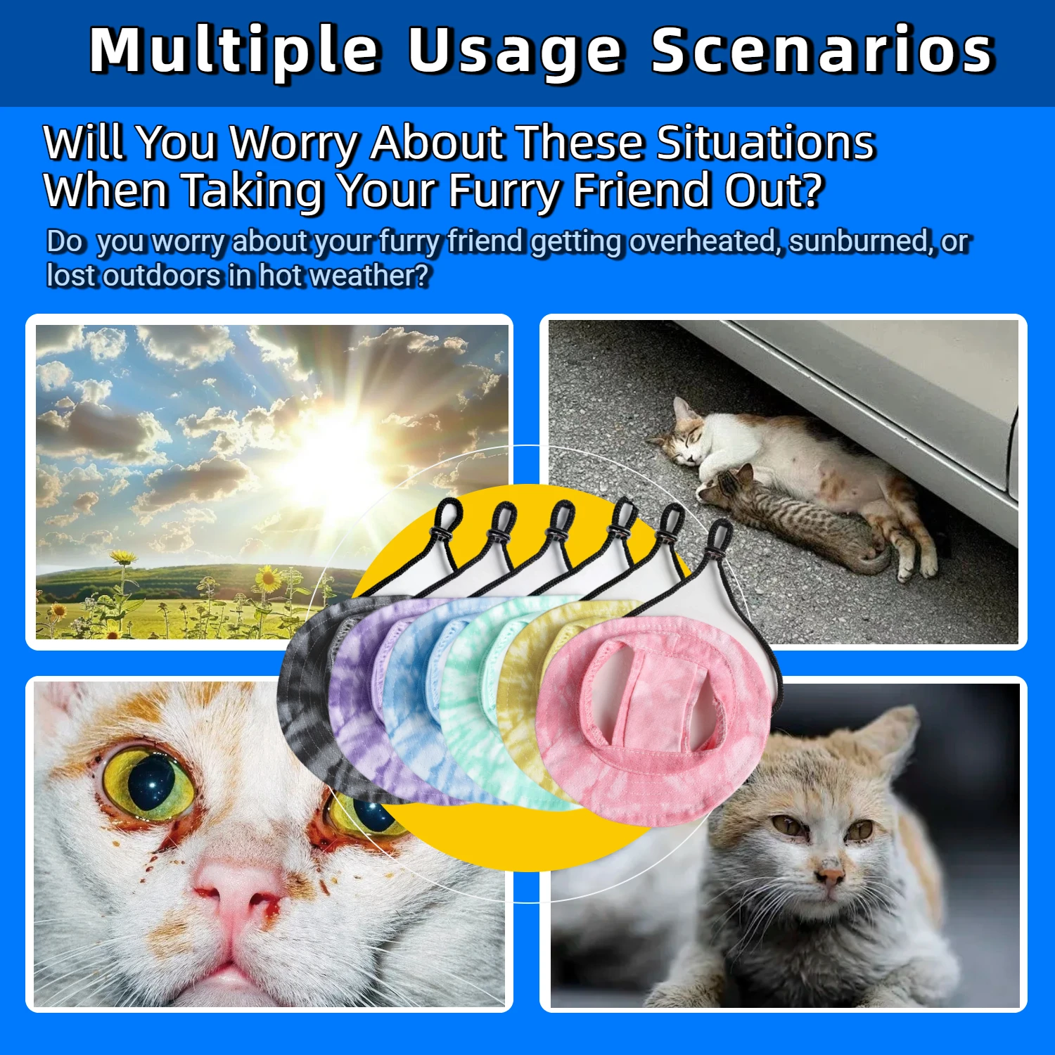 Sun-Shading Anti-Slip Fisherman Hat with Adjustable Drawstring and Ear Exposure Essential for Your Cat's Summer Outdoor Outfit.