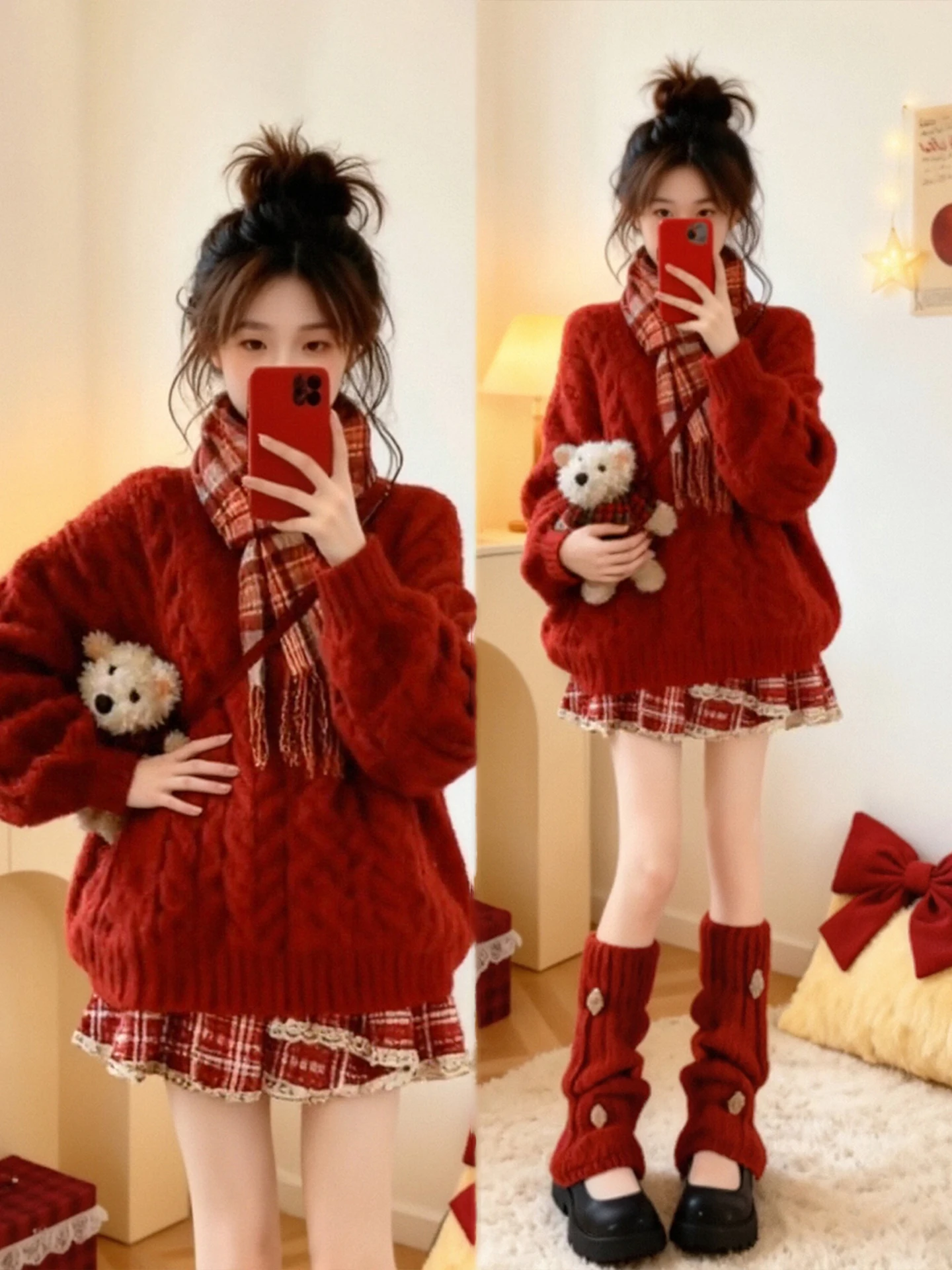 

Winter Faion plus Size Knitted Sweater And Plaid Skirt Set for Women High Waist Warm Sli Casual Date Wear