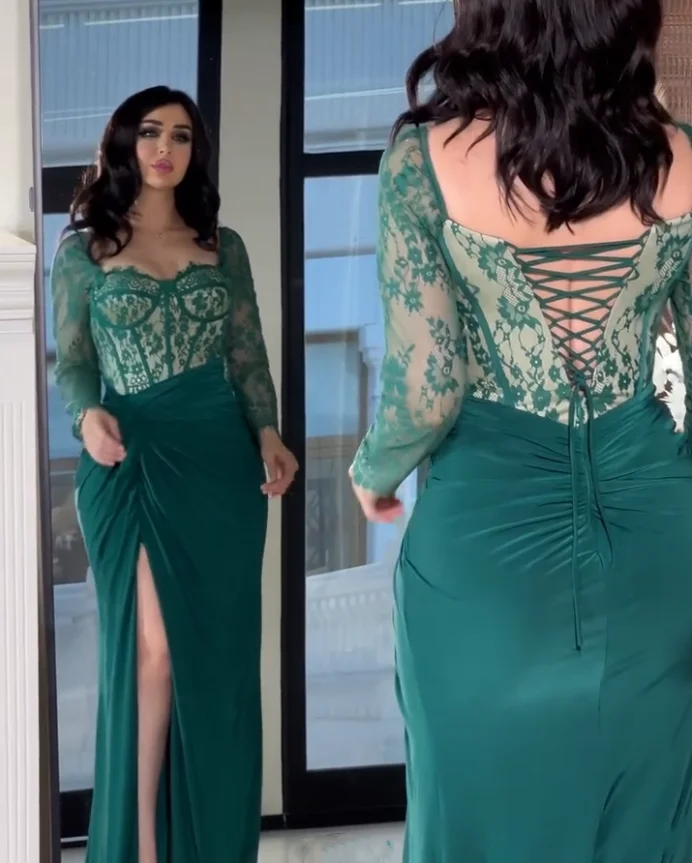 Vestidos de noite sereia com cordões de manga comprida, Dubai Prom Dresses, elegante, verde esmeralda, Split, árabe