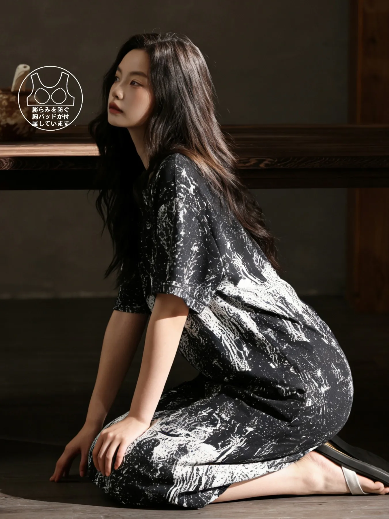 女性の綿製寝間着半袖ロングドレスワンピース寝間着胸パッド付き夏カジュアルホーム服プリント柄