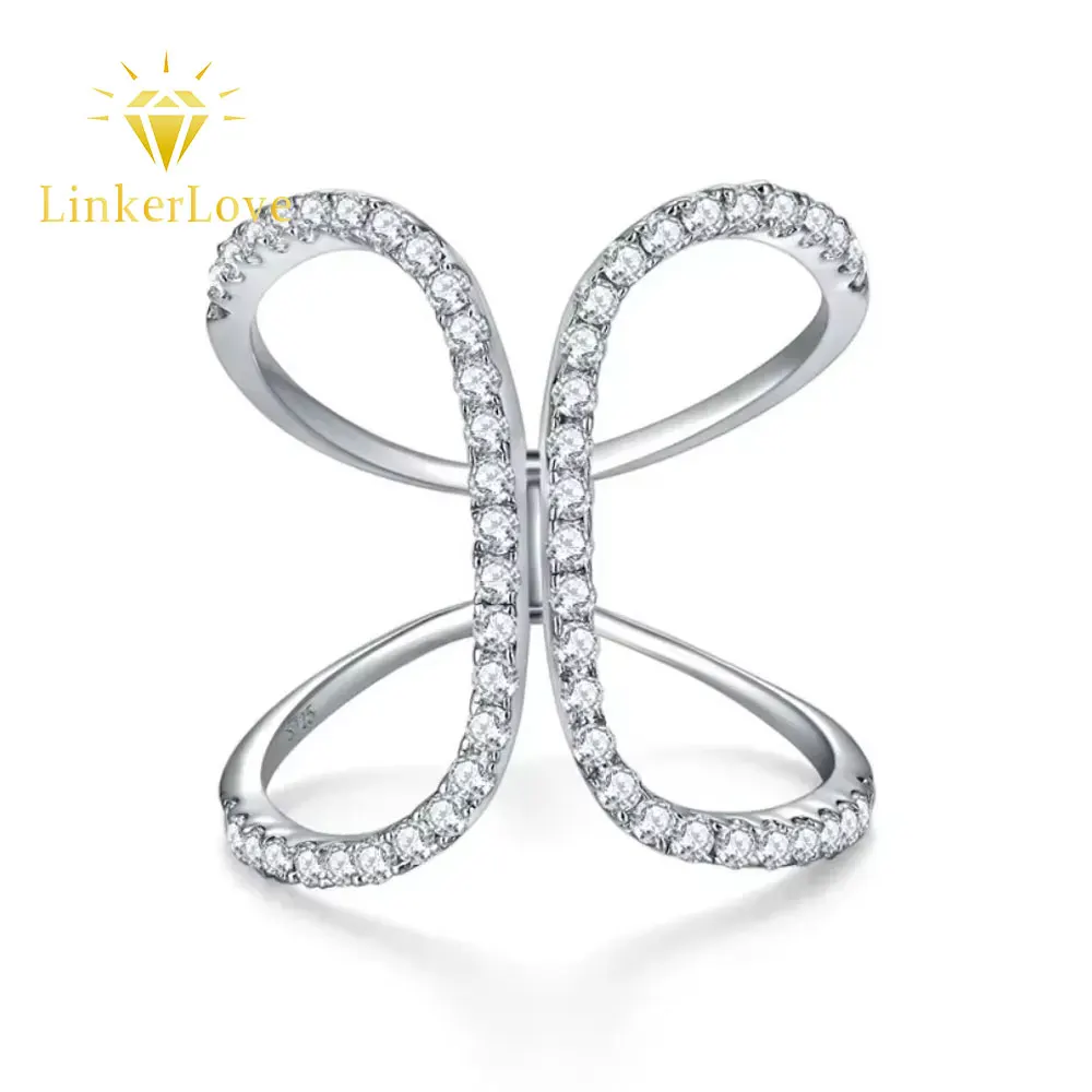 

LinkerLove S925 Silver Moissanite Ring Double C Curve Design Full Pave Setting Diamond Wedding Band Gift for Women Fine Jewelry