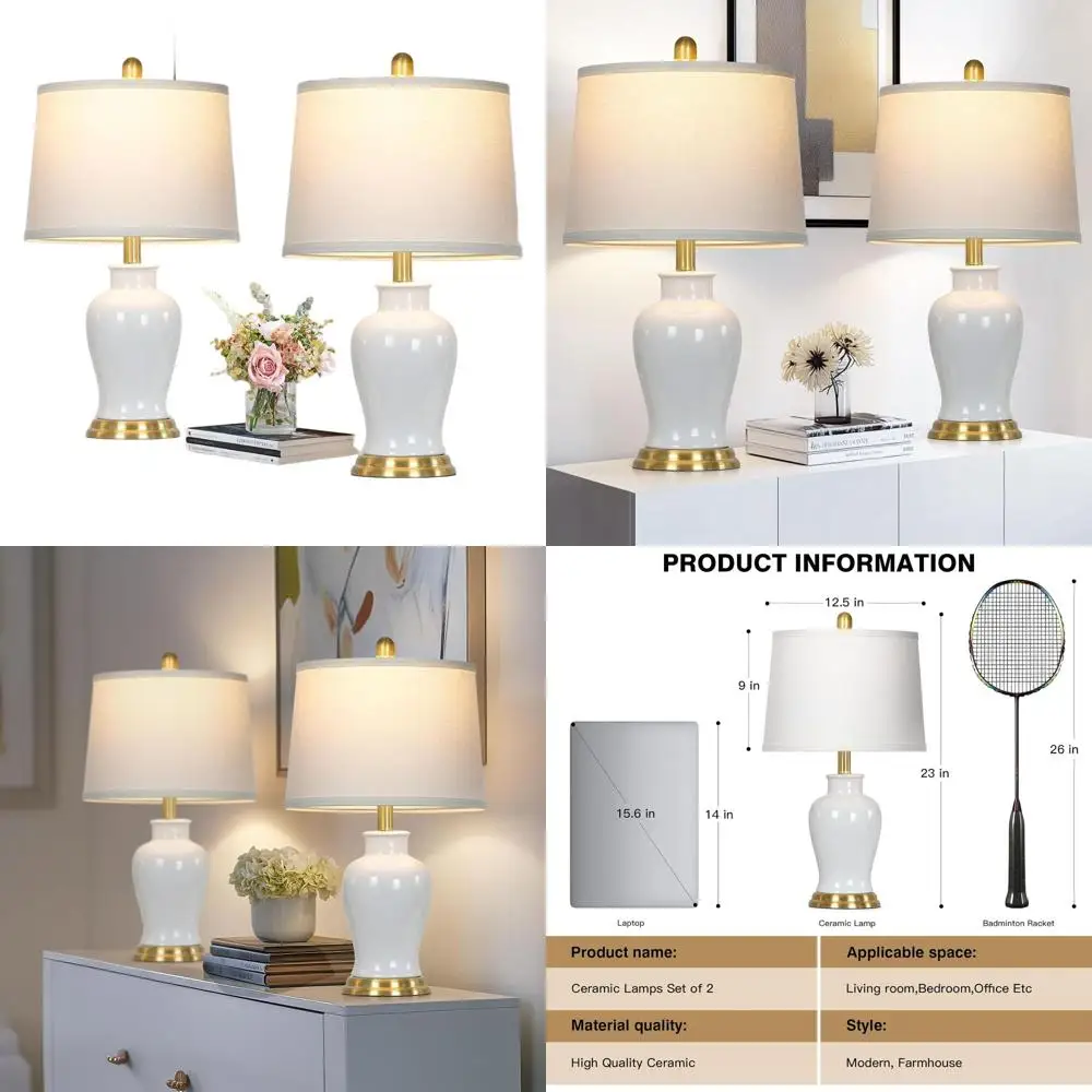

Pair of 23 White Ceramic Table Lamps, Rustic Farmhouse Style for Living Room, Ginger Jar Design Bedside Lamps, Elegant Lighting