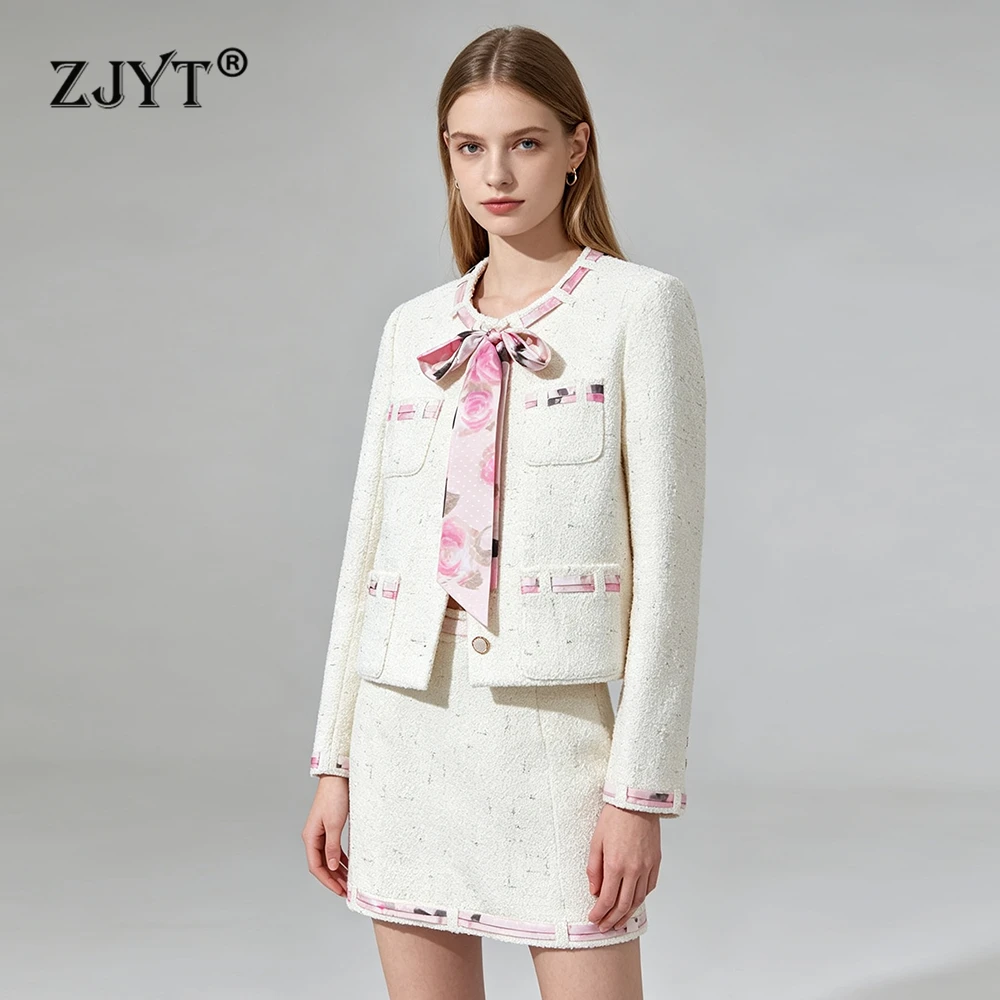 ZJYT New Autumn Winter Tweed Woolen Jacket and Skirt Suit 2 Piece Matching Sets Elegant Outfit Pink Casual Daily Dress Set Lady