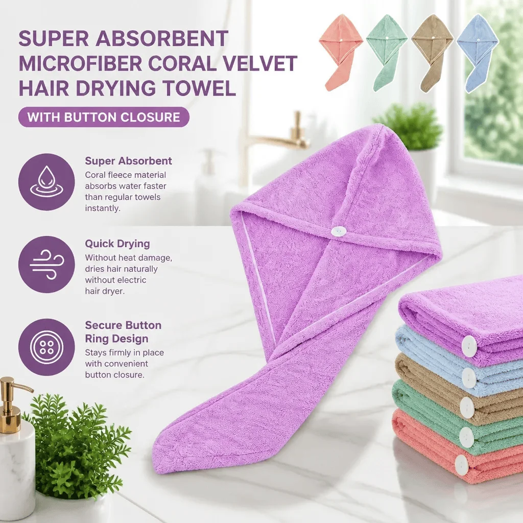 Hair Towel Wrap Microfiber Coral Velvet Quick Dry Super Absorbent Turban Button Design For Long Hair Women Bath Spa Travel Cap