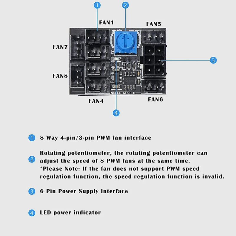 2X 3-Pin 4-Pin Fan Adapter PWM PC Case Cooling Fan Hub 8-Way Splitter 12V Speed Controller With 6-Pin Power Port