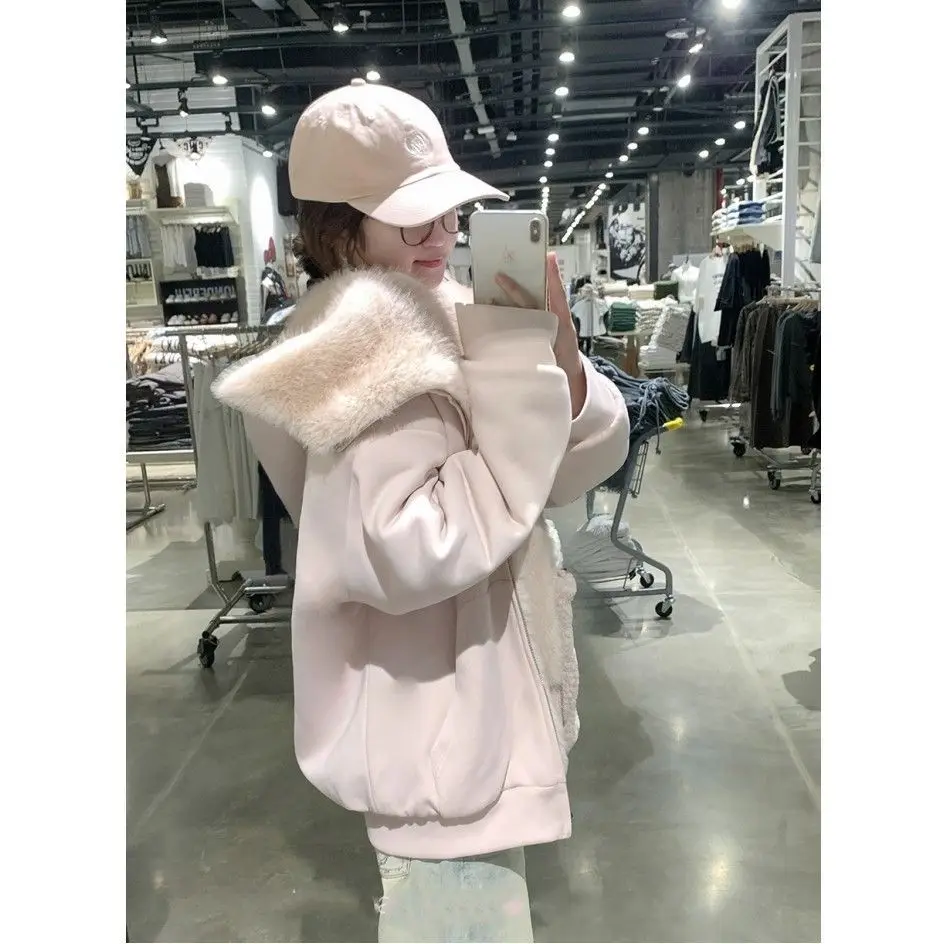Women Faux Fur Hooded Parkas 2025 Winter New Women's Two Side Wear Fleece Coat Loose Warm Jacket Versatile Casual Outerwear